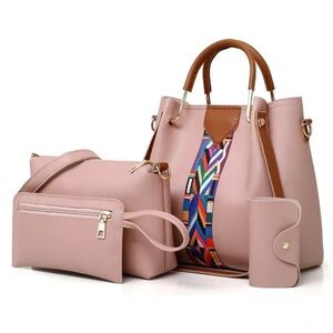 Elegant Pink Shoulder Bag Set with Brown Trim and Colorful Accent
